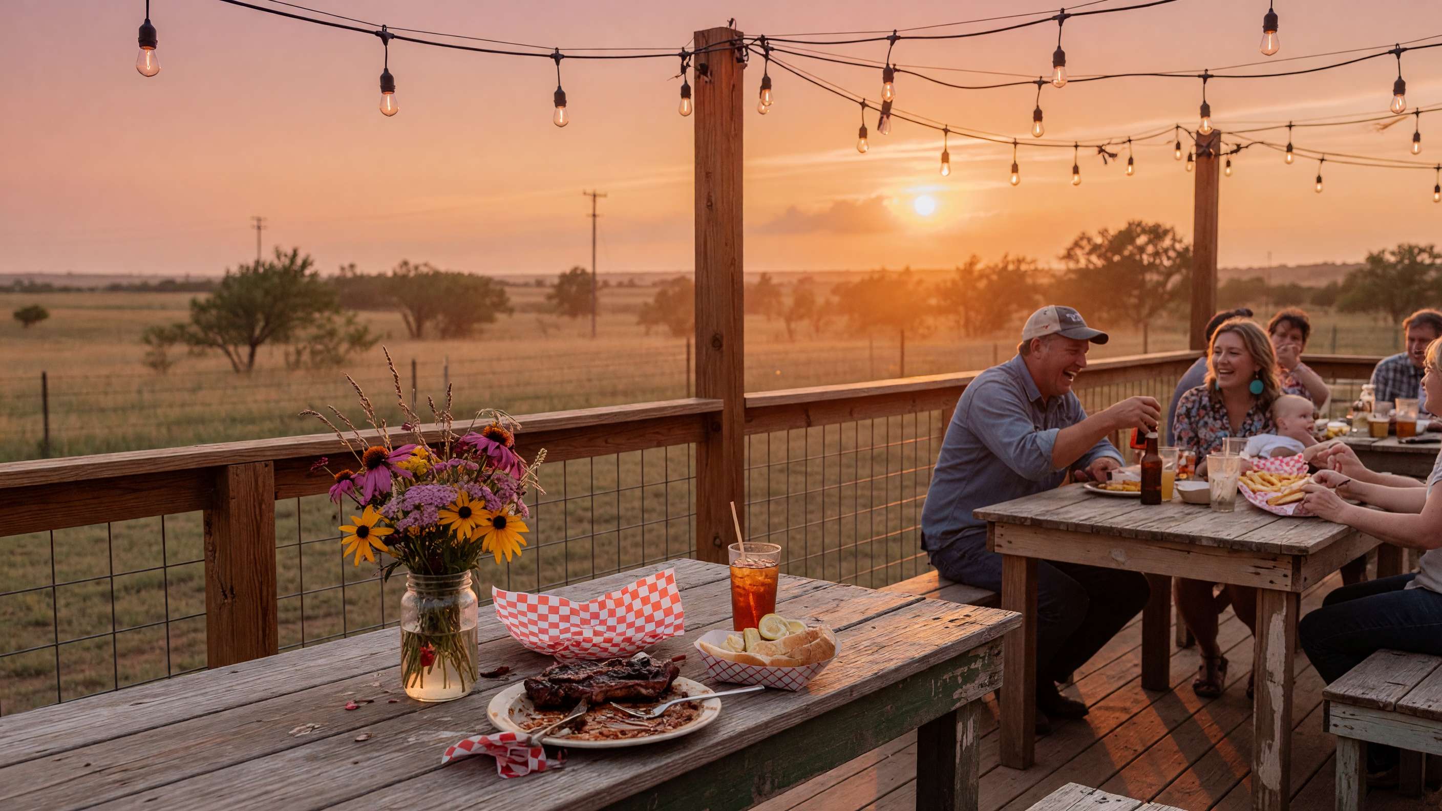 Warm restaurant patio with string lights at sunset in Southwest Oklahoma