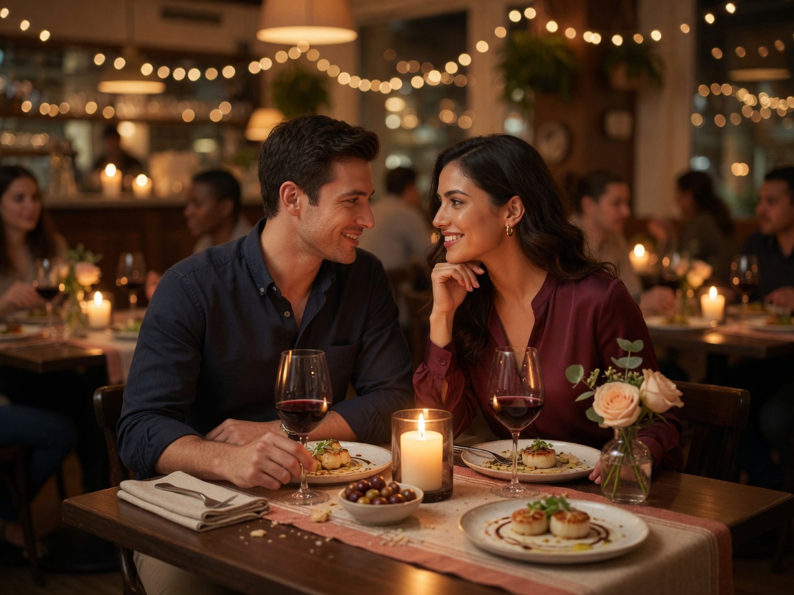 Couple enjoying a romantic dinner with candlelight and wine