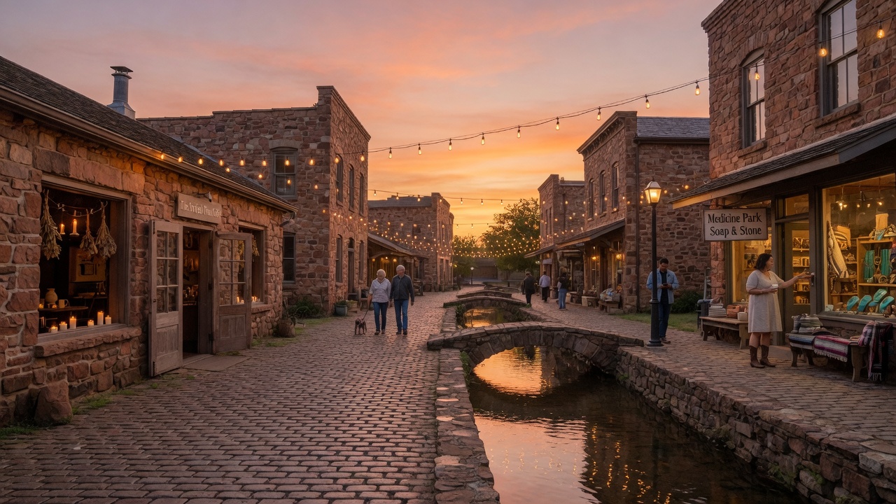 Cobblestone streets and lakeside dining at sunset in Medicine Park Oklahoma