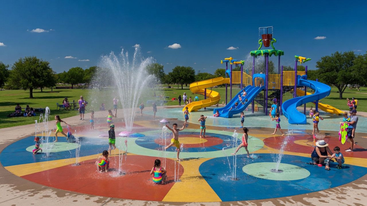 Colorful splash pad and aquatic play area with water features on a sunny summer day