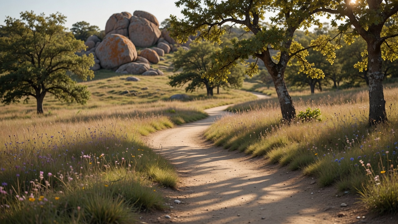 Sun-dappled hiking trail winding through Post Oak woodland and native grasses in the Wichita Mountains
