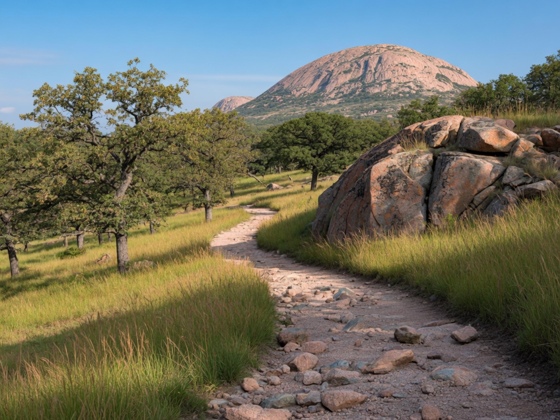 Hiking trail winding through granite boulders and native grasses in the Wichita Mountains Wildlife Refuge with Elk Mountain in the distance