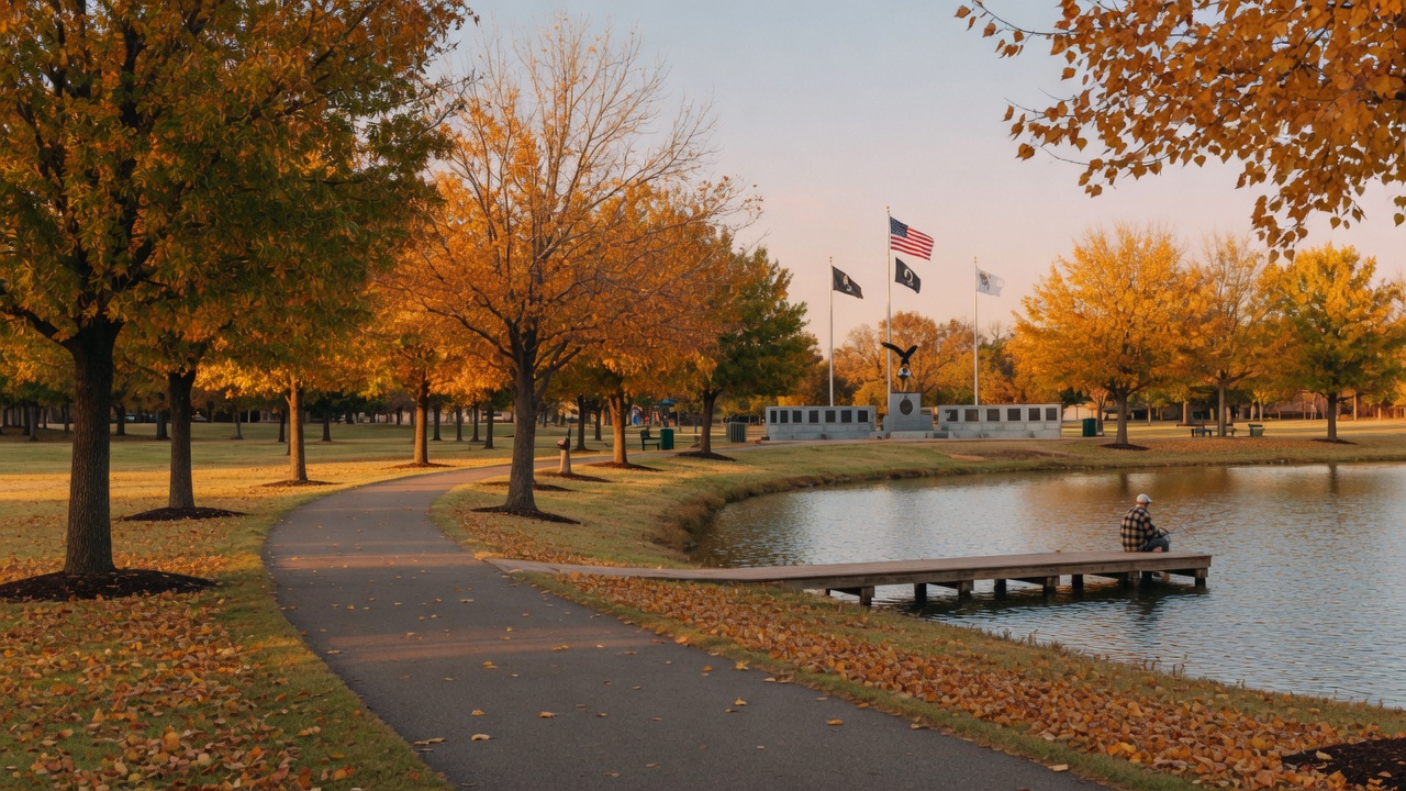 Peaceful park with walking trail alongside a lake, autumn foliage, and Veterans Memorial in background
