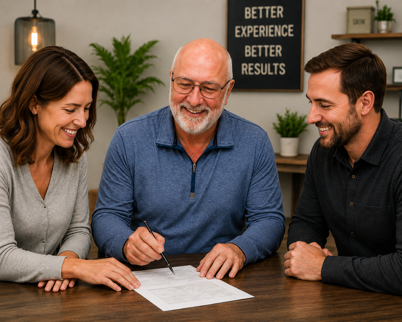 Steven Barnaby consulting with clients at a wooden desk, reviewing and signing documents