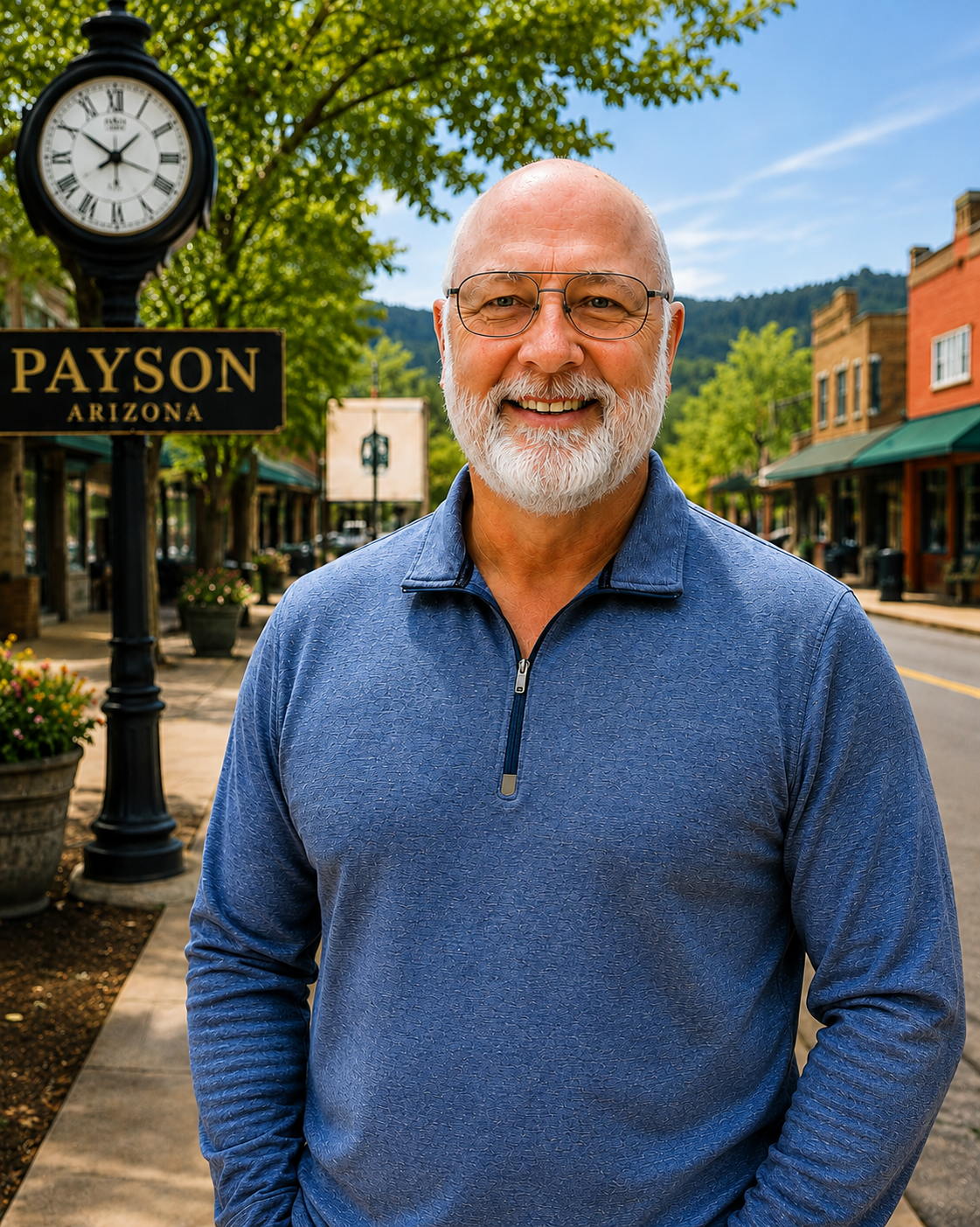 Steven Barnaby standing on a sidewalk in front of a Payson Arizona town clock