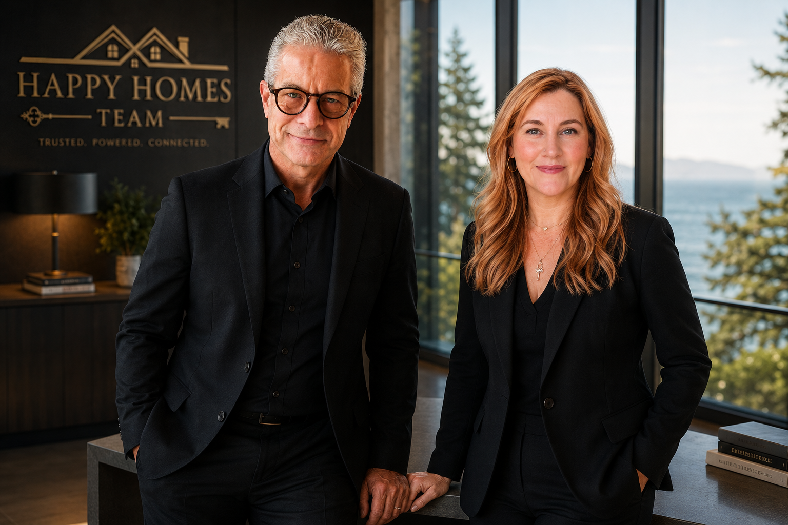 Happy Homes Team professional portrait of Anna Hakim and Perry Fanthorpe in their modern office