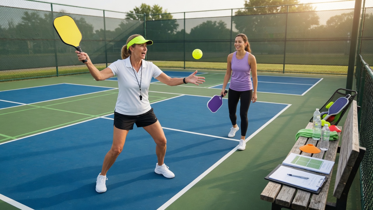 Adam Stark coaching a pickleball lesson on an outdoor court