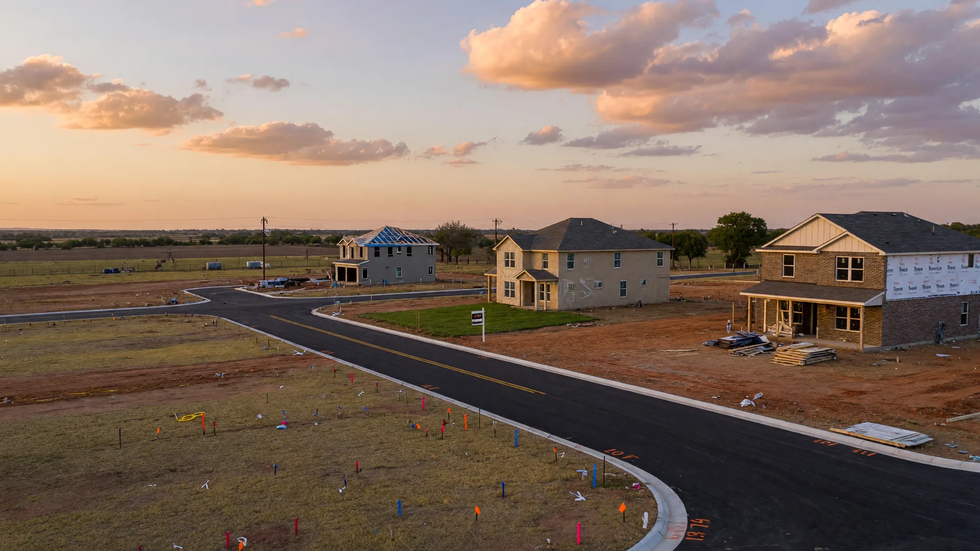 A modern multi-story apartment complex in a small Texas city with contemporary brick facades and landscaped entries