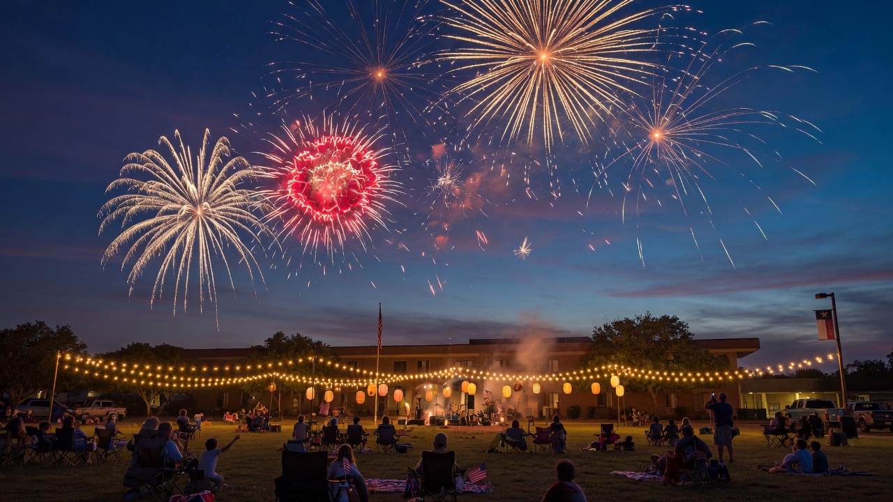 Vibrant fireworks bursting over a small-town Texas civic center at twilight with a crowd of people watching from a grassy lawn
