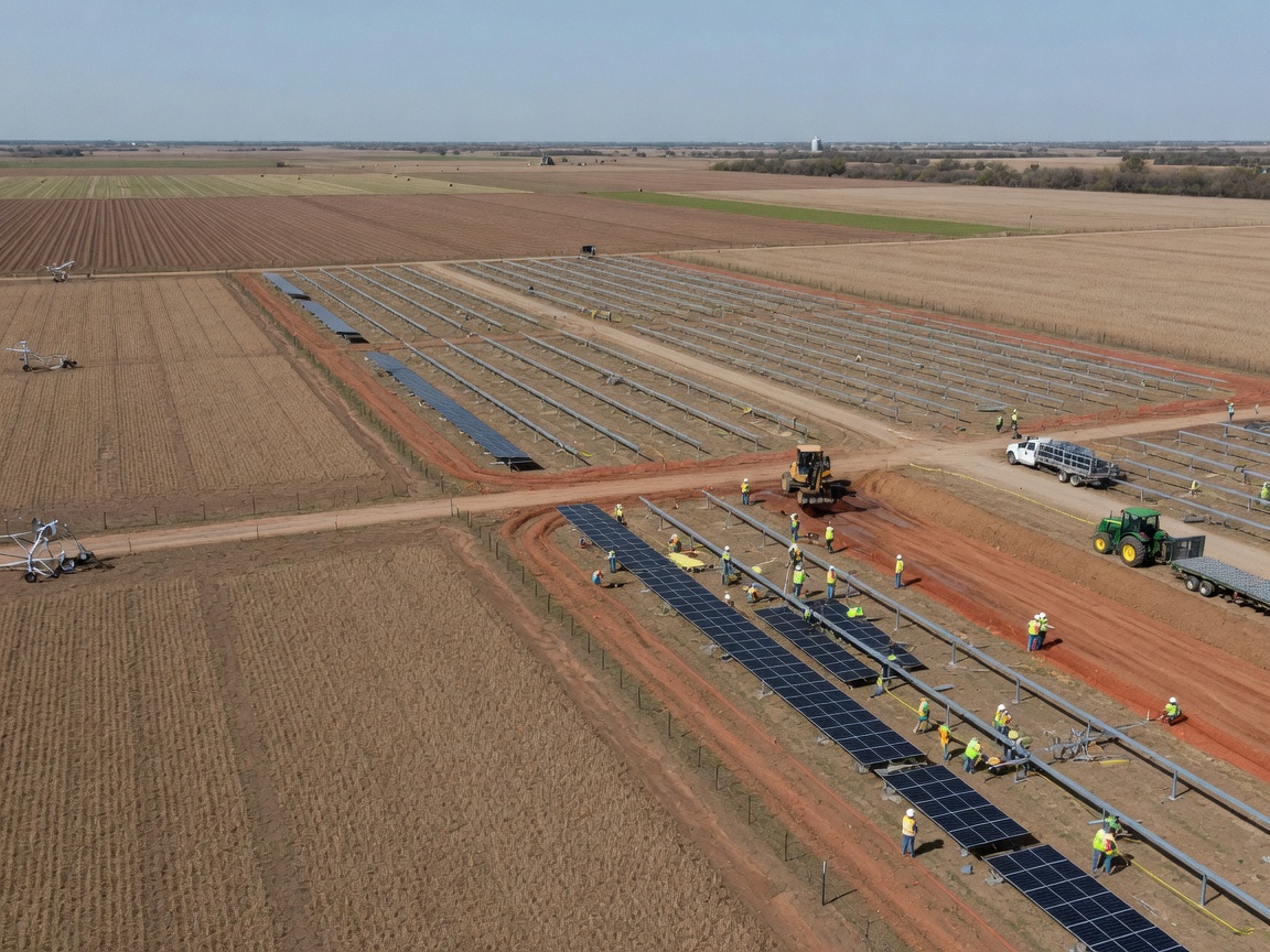 Construction crews installing solar panel mounting systems on agricultural land