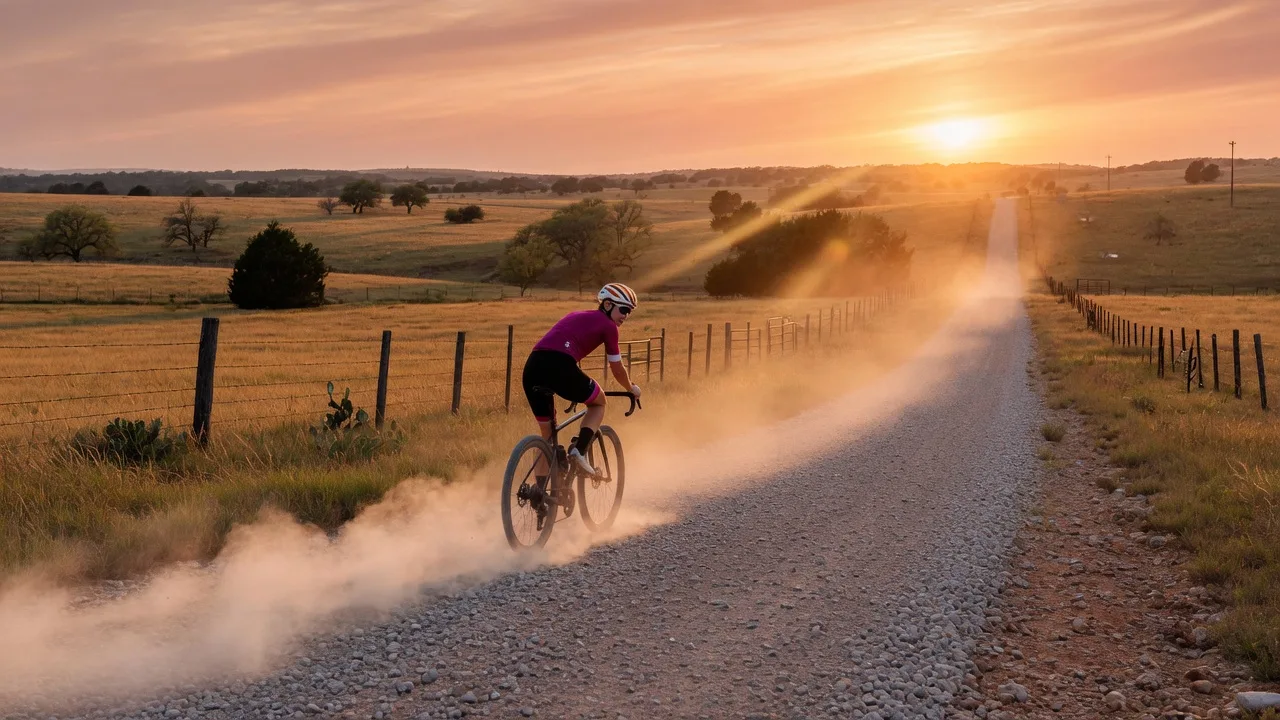 Cyclist riding through a rough gravel trail in the North Texas countryside during golden hour, dust kicking up behind the tires