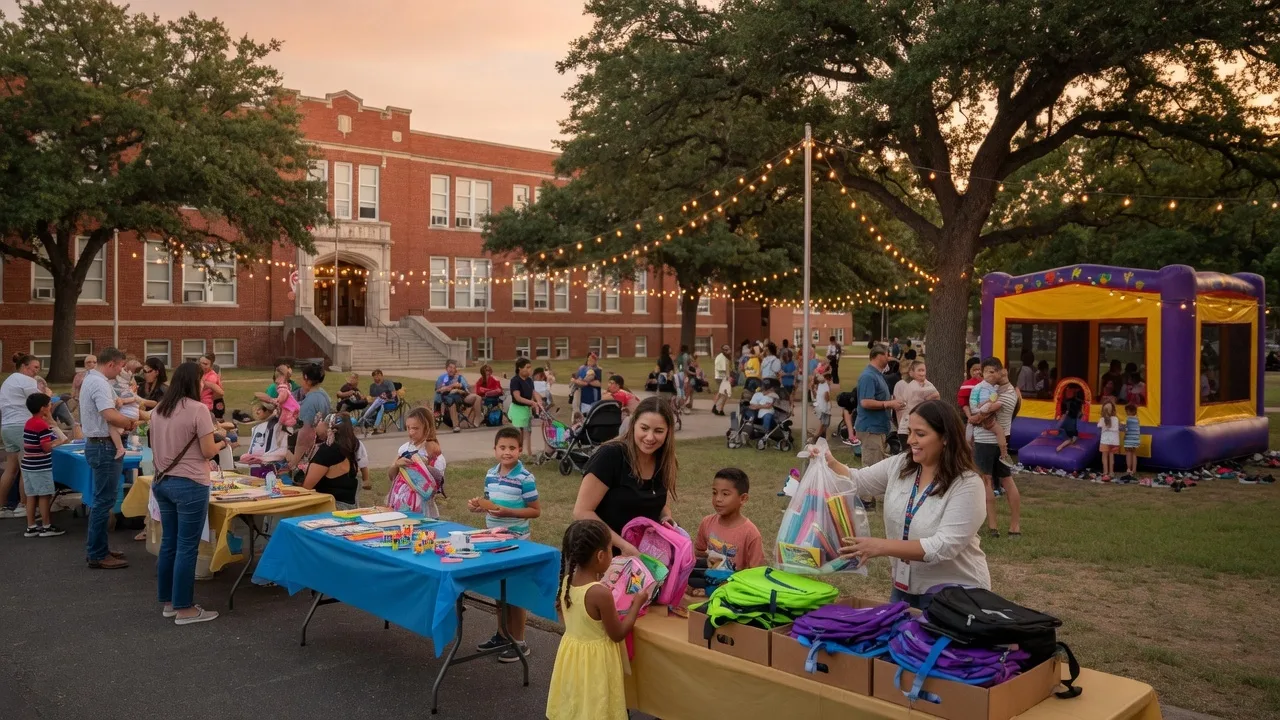 A vibrant back-to-school community event at a high school in a small Texas town on a warm summer evening, with families gathering at outdoor booths under string lights