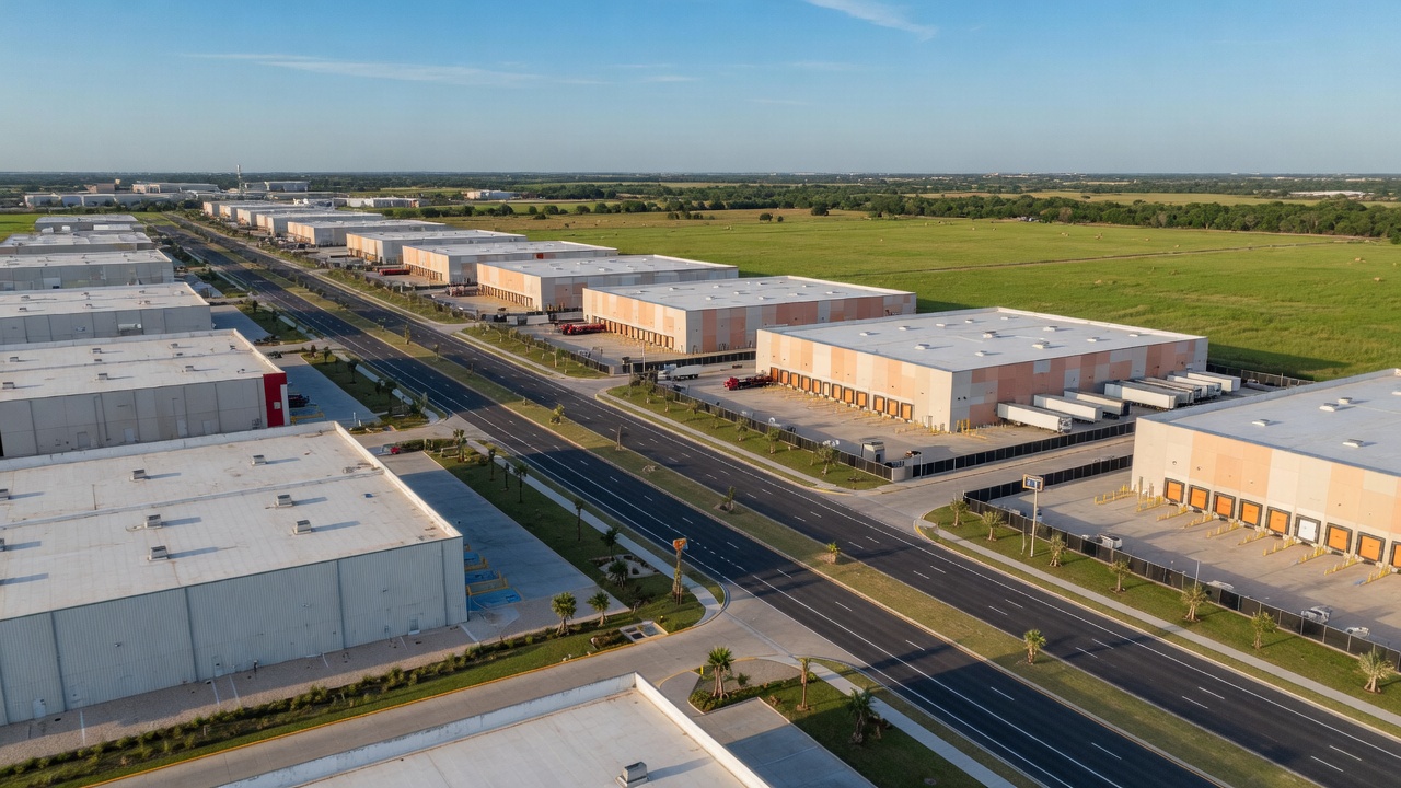 Aerial view of a modern Texas industrial park with warehouses and manufacturing buildings
