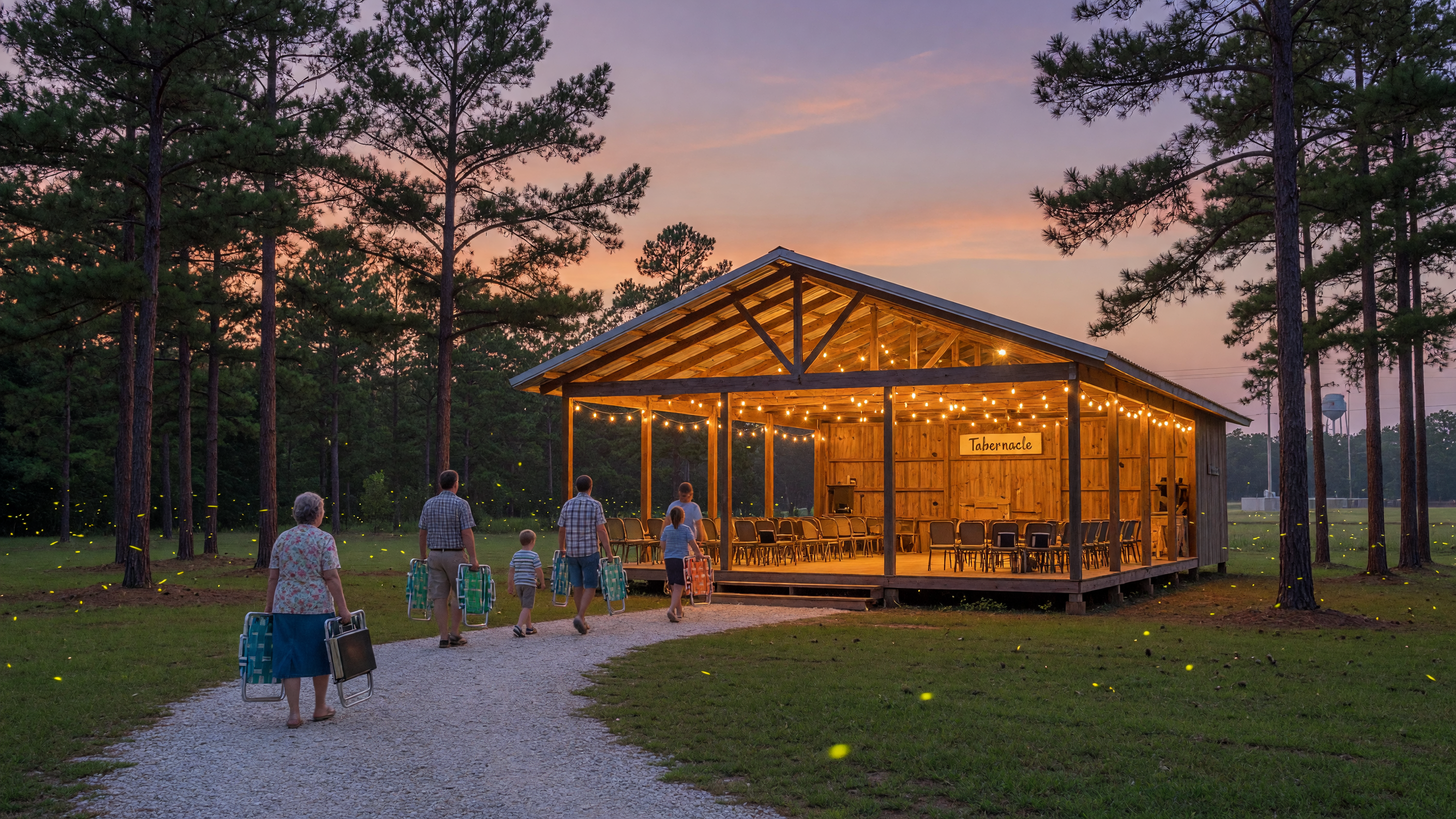 Peaceful rustic Bible camp setting in East Texas at dusk with warm lights glowing from an open-air pavilion