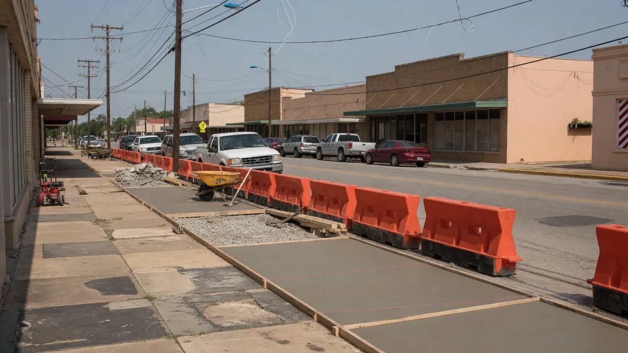 A sidewalk construction and installation project on a commercial street with fresh concrete sections and safety barriers