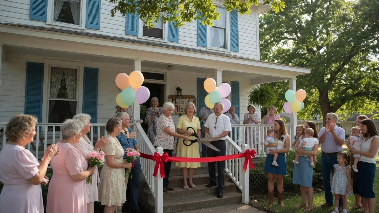 A warm, celebratory ribbon cutting ceremony outside a maternity home in a small Texas town on a summer morning with red ribbon and community members gathered