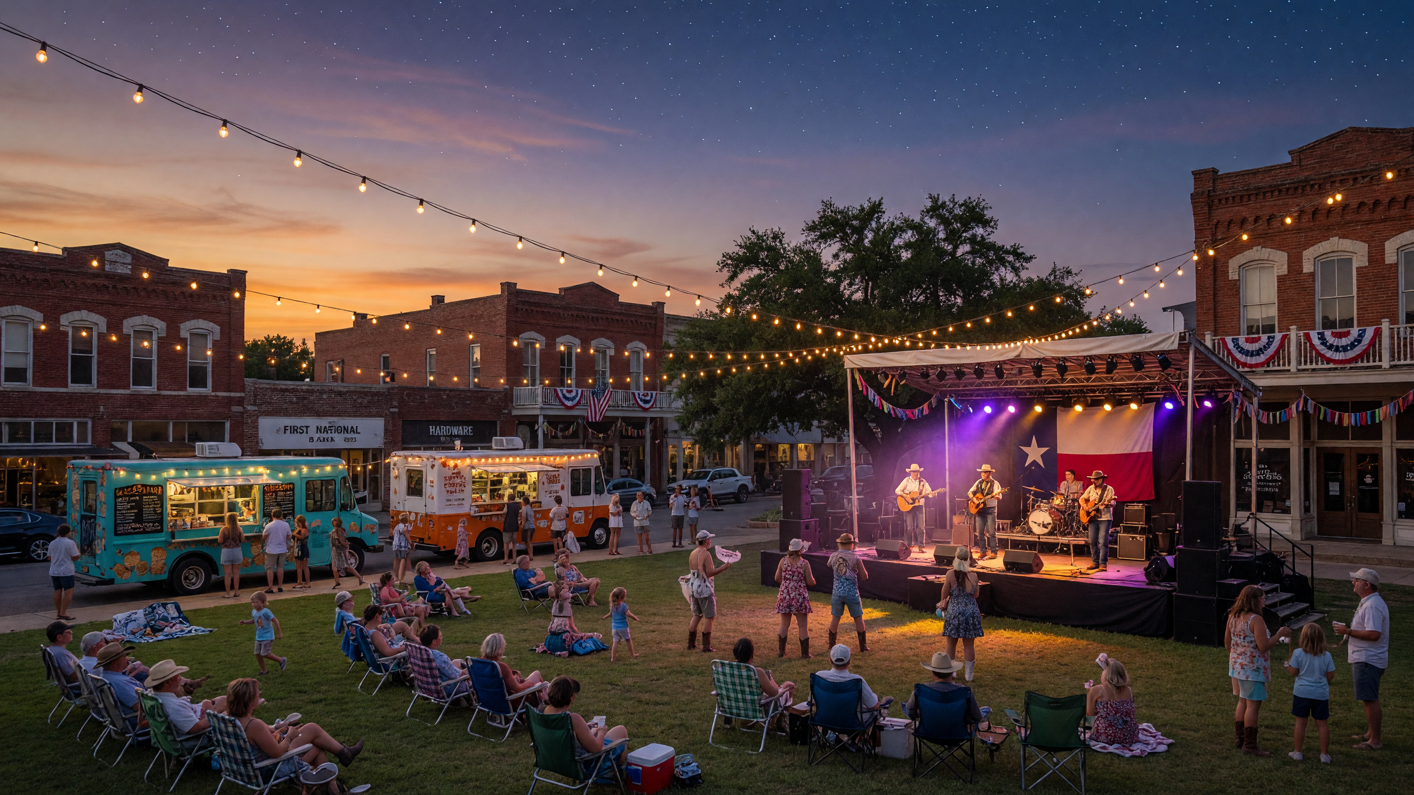 Outdoor evening concert in a small-town Texas downtown square with string lights and a crowd on the lawn