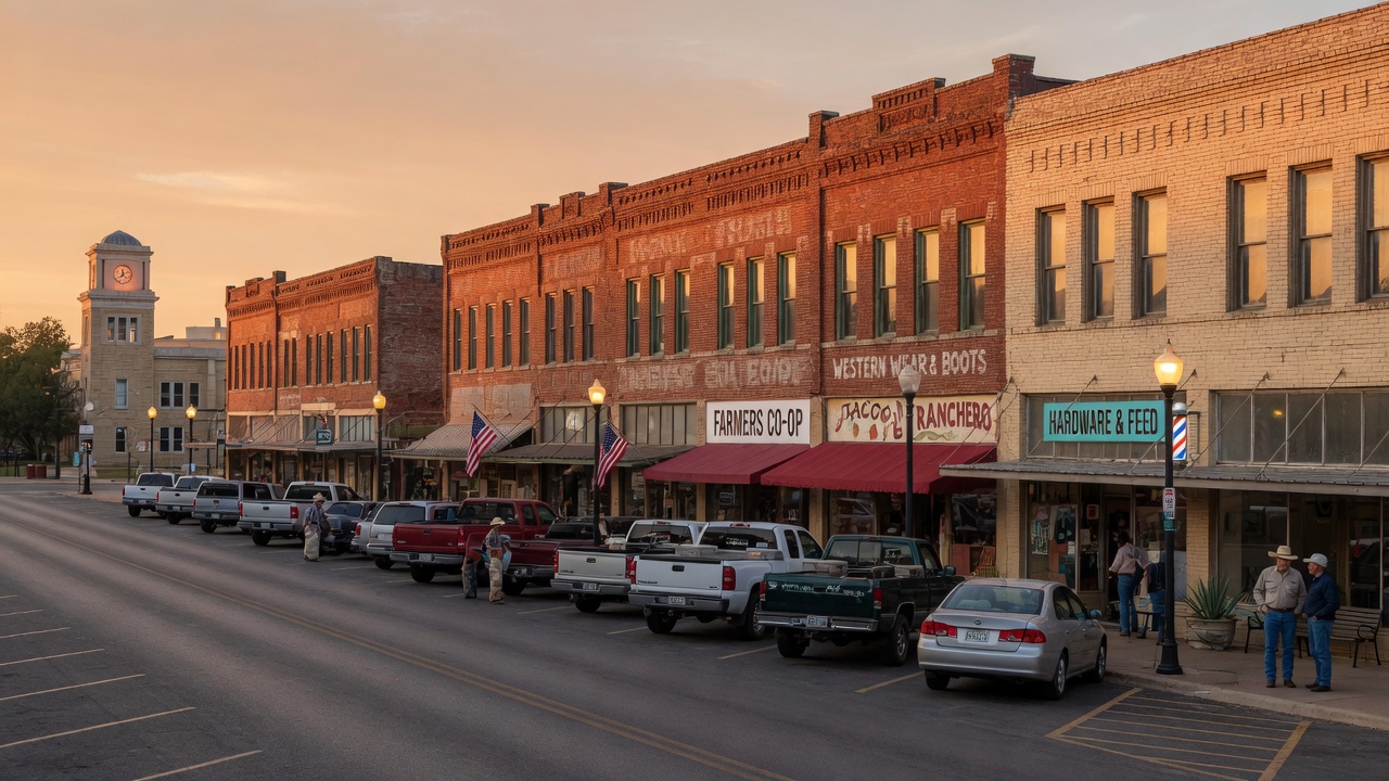 Downtown Paris Texas commercial district at golden hour with historic brick buildings