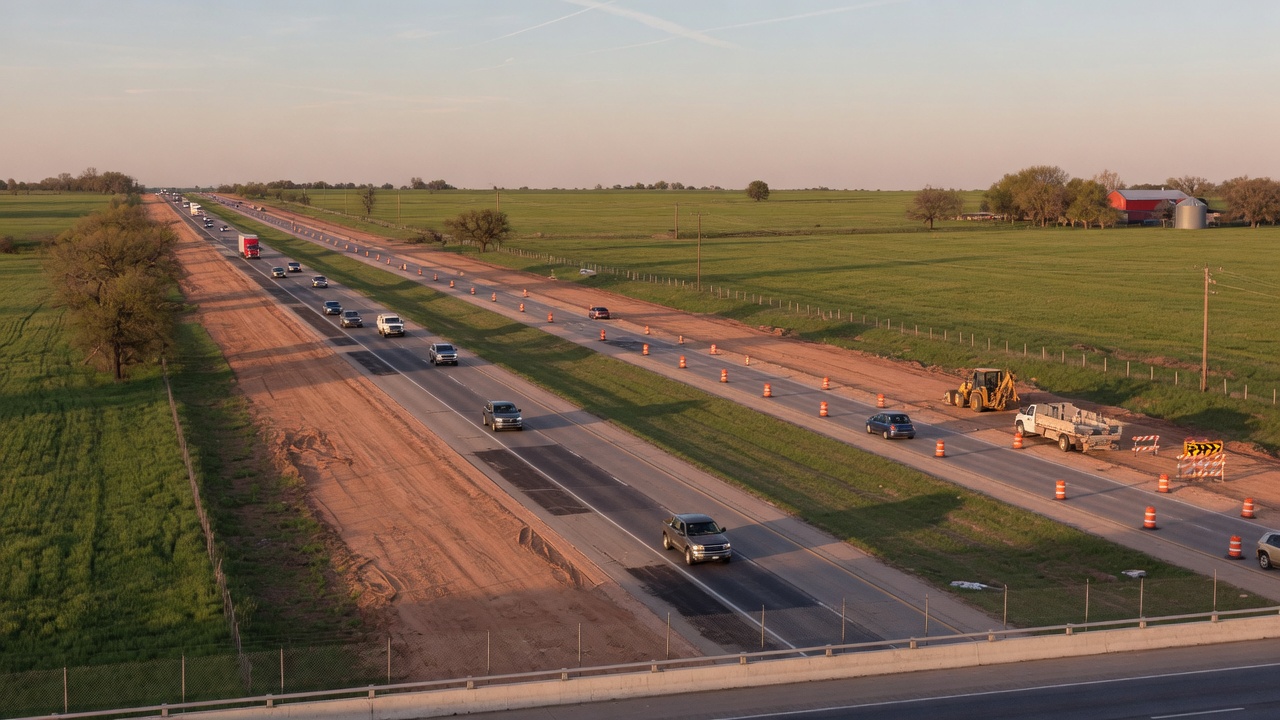 Four-lane divided highway construction project in rural North Texas countryside