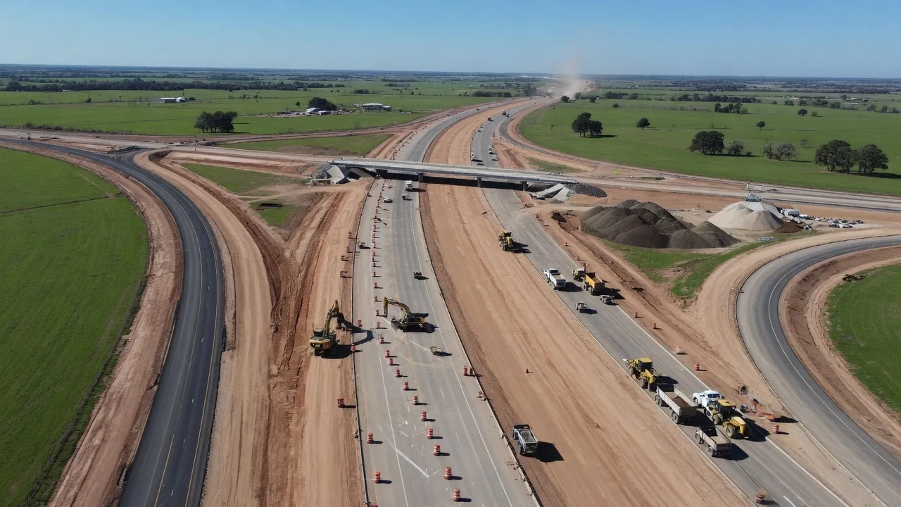 Aerial view of a Texas highway interchange under construction with heavy equipment and newly graded roadbeds
