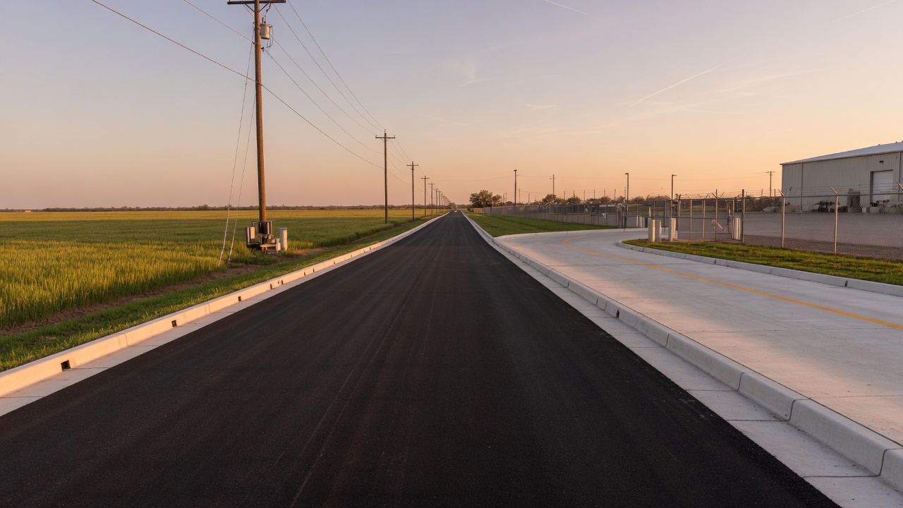 Newly paved road with fresh asphalt and curbs entering an industrial park in rural Texas