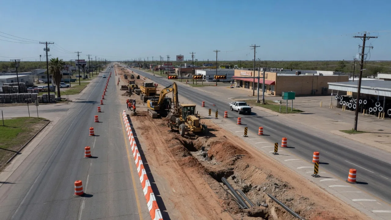 A US highway reconstruction project with lane closures and earth-moving equipment under a clear Texas sky