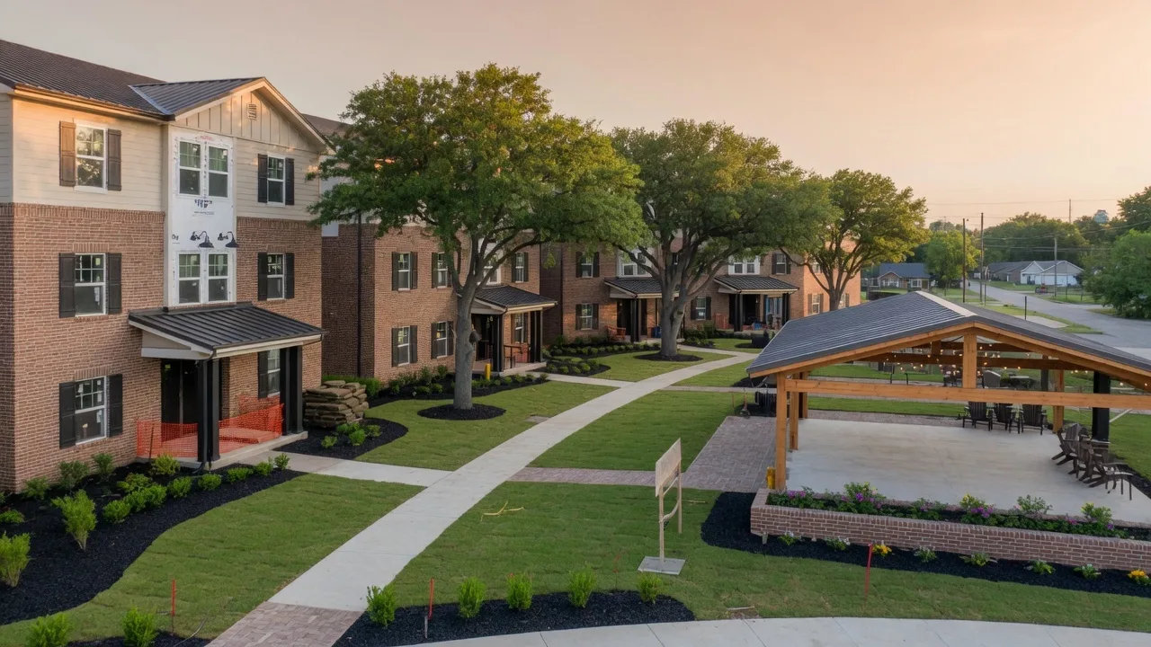 Modern senior living apartment community under construction with brick exterior, covered entryways, and landscaped walkways in a small Texas town