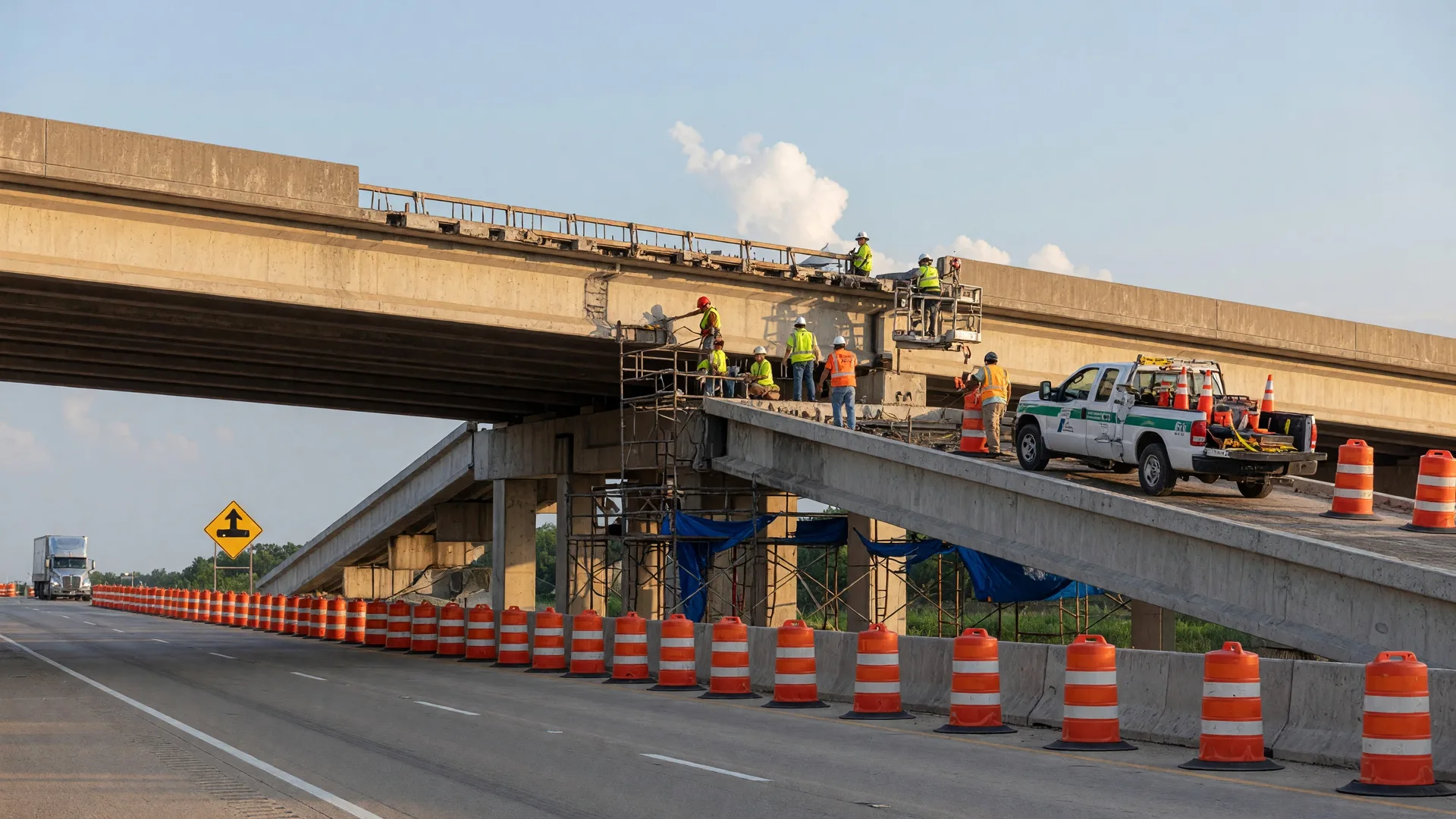 Highway bridge overpass with construction crews and orange barrels during concrete repair work in Northeast Texas