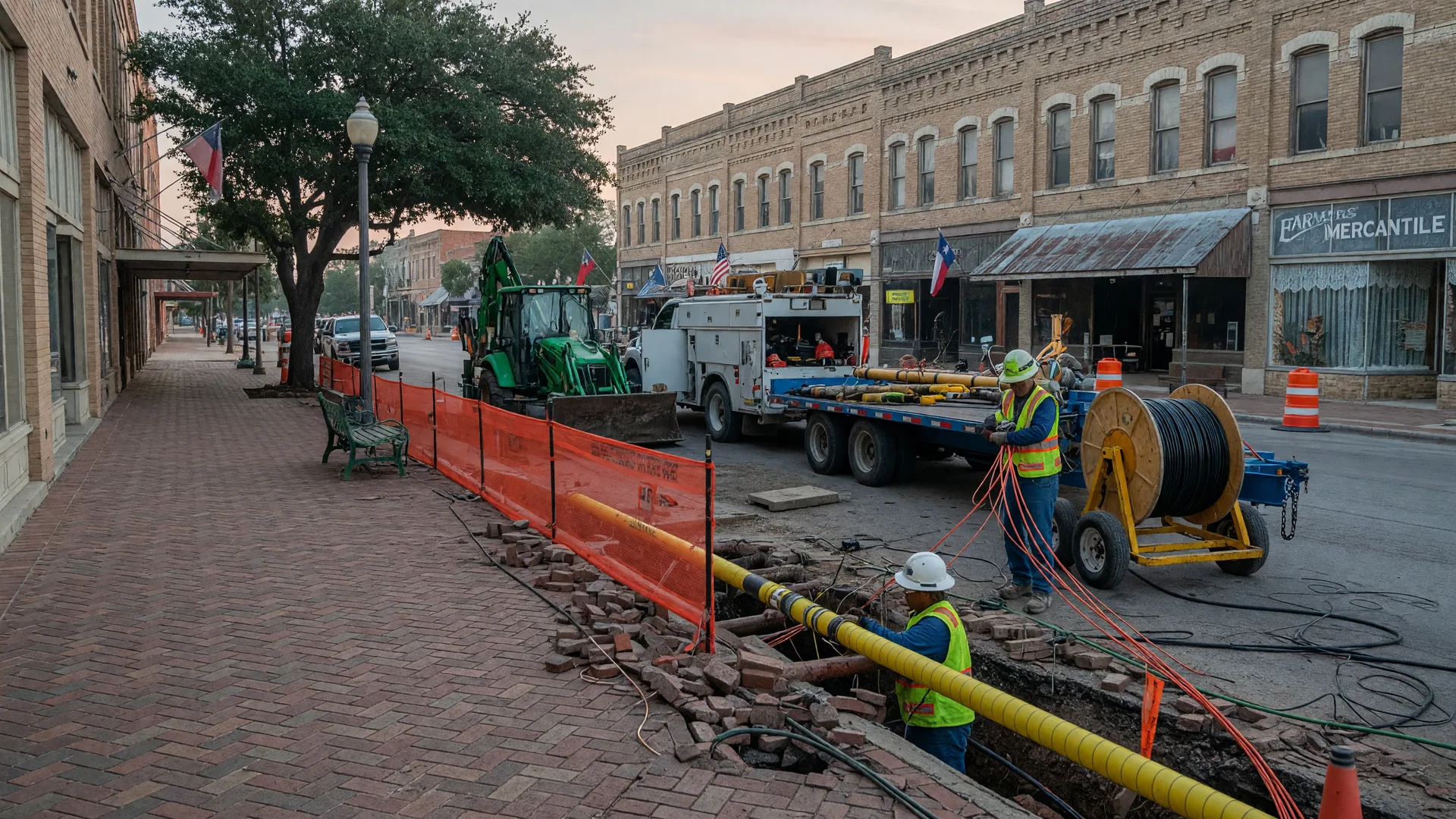 A downtown main street revitalization project with utility workers and construction along a historic sidewalk in a small Texas city