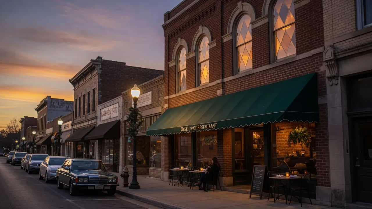 A warm upscale restaurant exterior in a historic downtown district at twilight with arched windows and ambient lighting