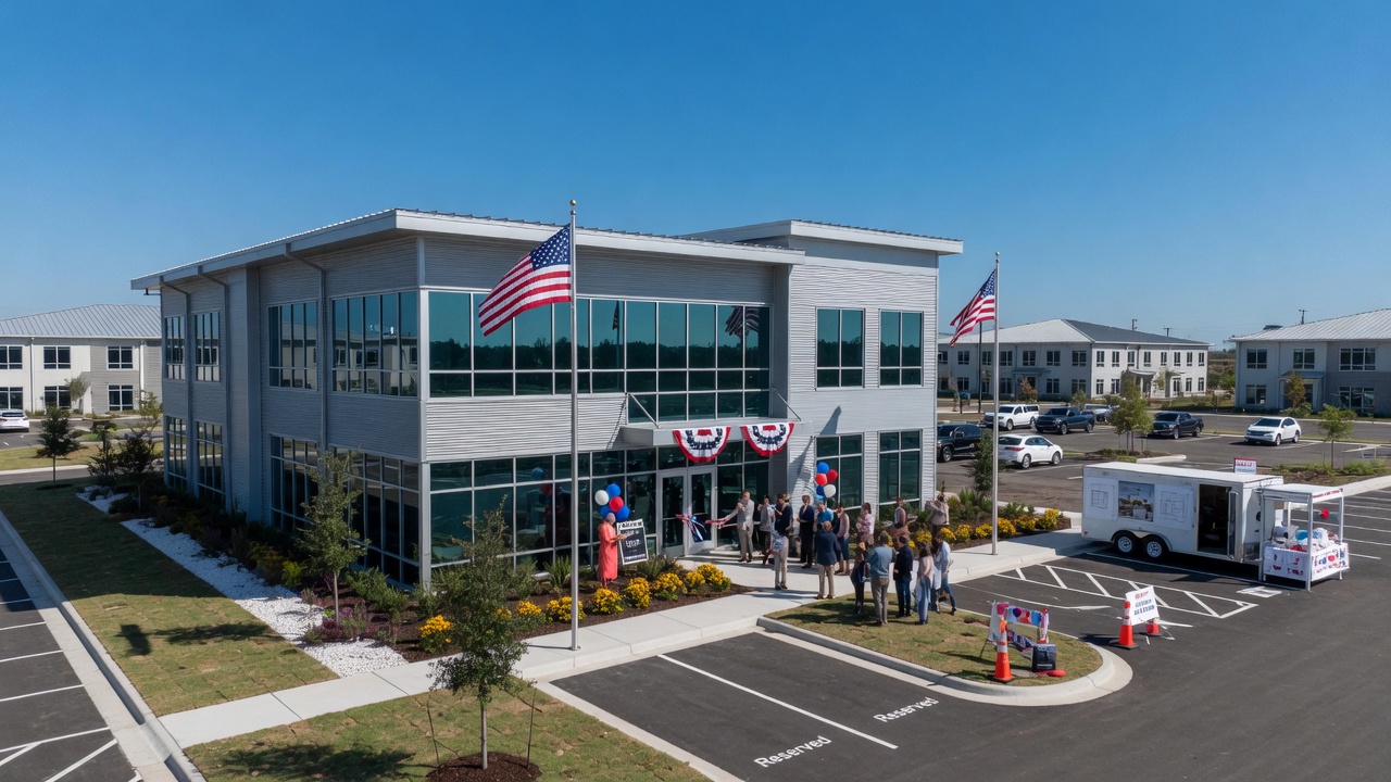 A modern commercial headquarters building with fresh landscaping and vehicles in front on a bright Texas day