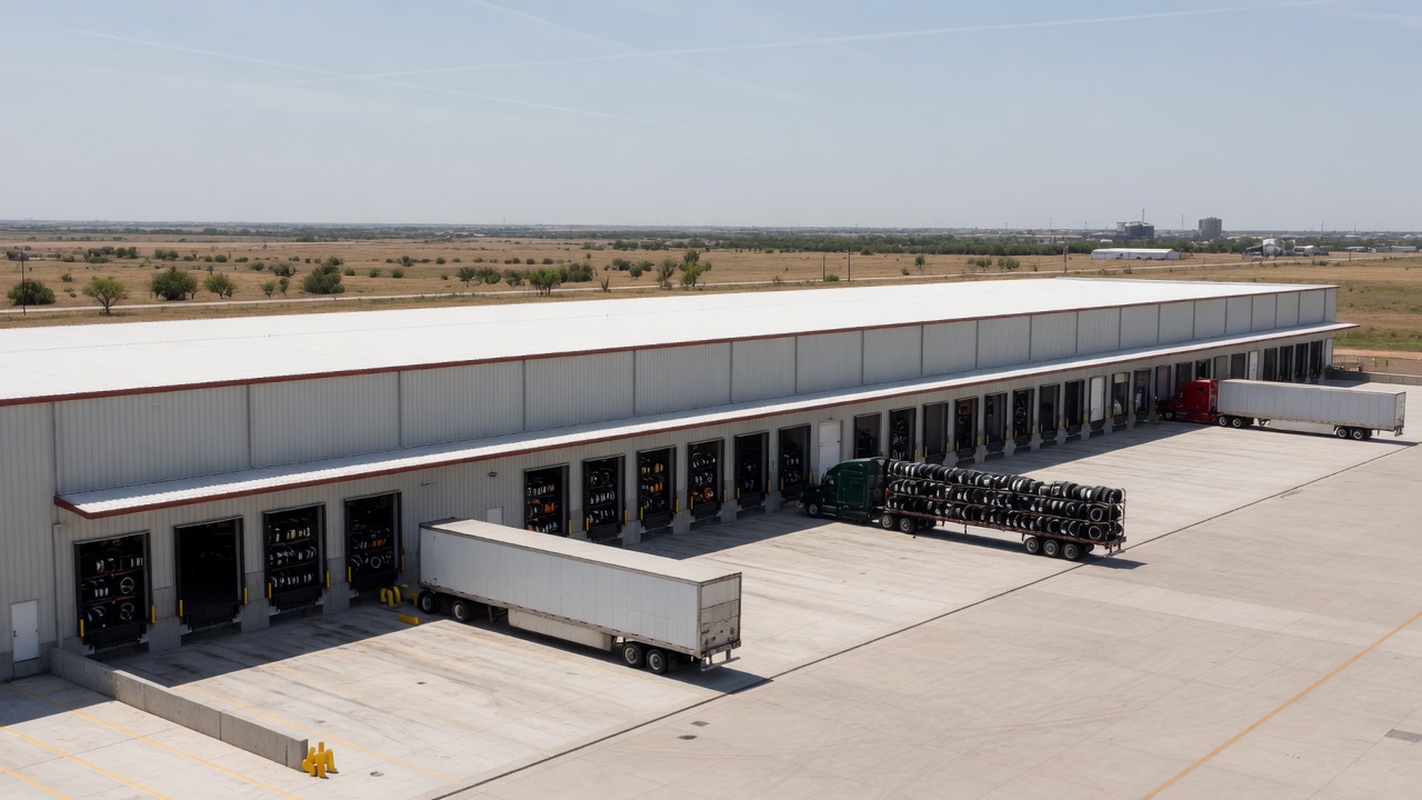 A large modern tire and wheel distribution warehouse with loading docks and semi-trucks parked outside in North Texas