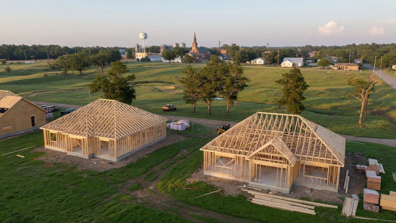 New residential construction site in a small Texas town showing framed houses under construction with green lawns and mature trees