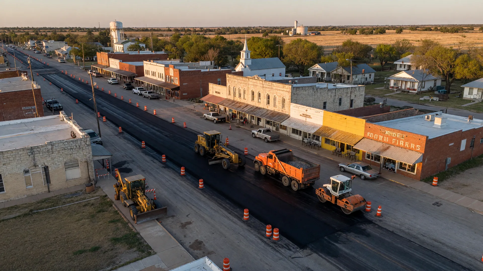 Fresh black asphalt being laid on a city street in a small Texas town with road construction equipment and orange cones