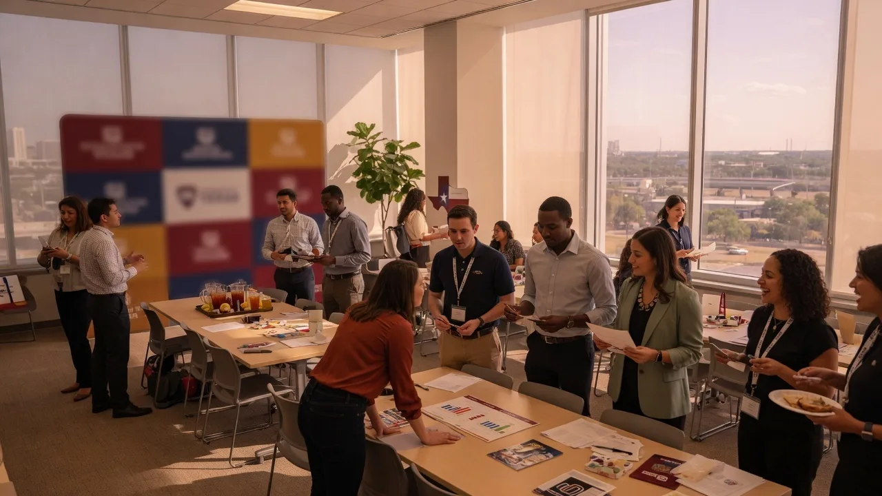 A university-industry partnership event in a Texas conference center with professionals networking