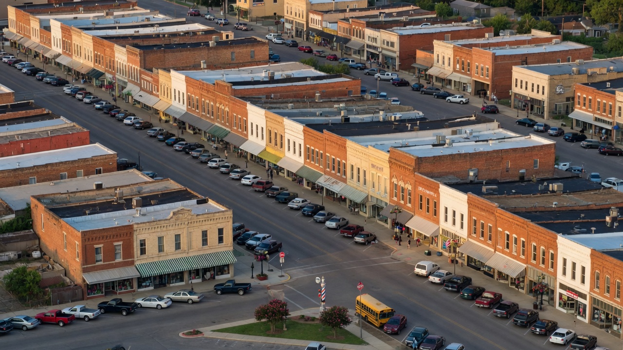 Professional real estate listing sign in front of a retail strip center in a small Texas town