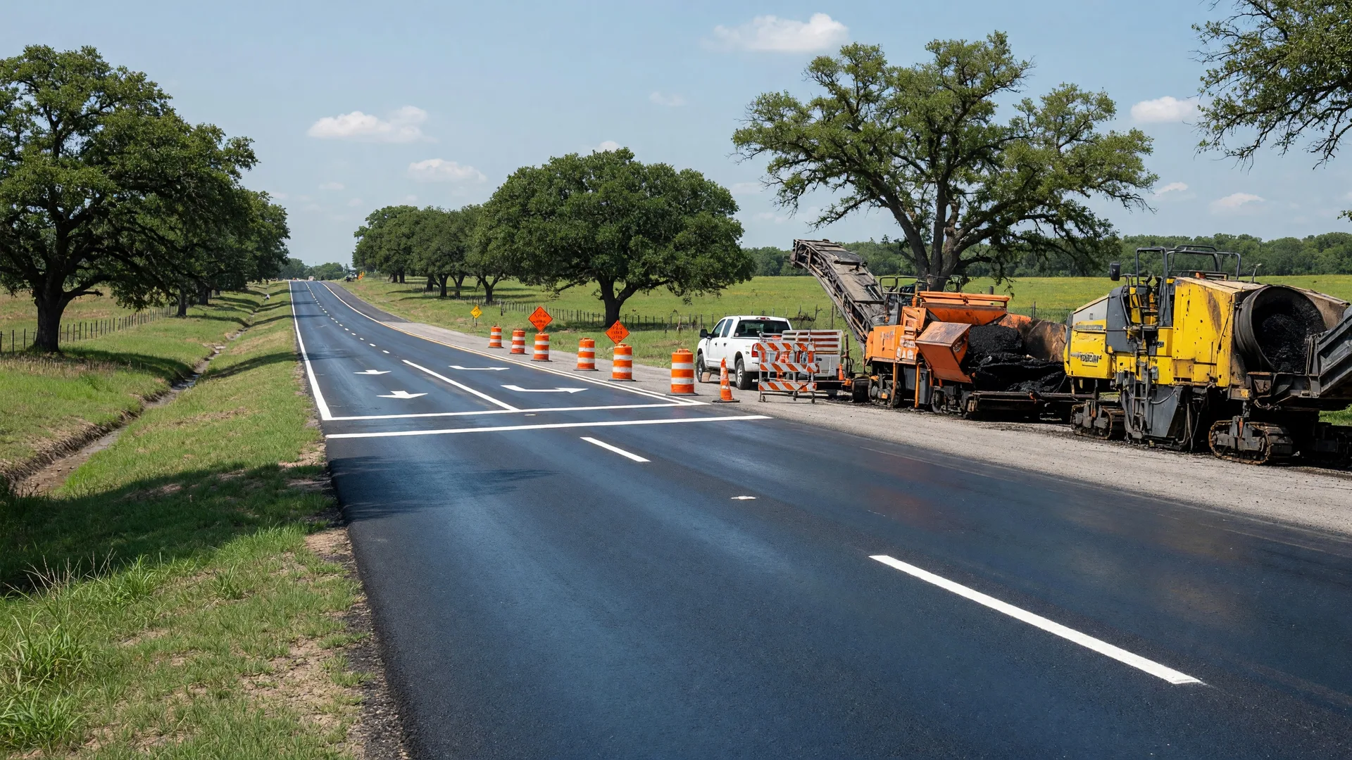 Freshly paved rural Texas highway with a center turn lane and construction equipment on the shoulder