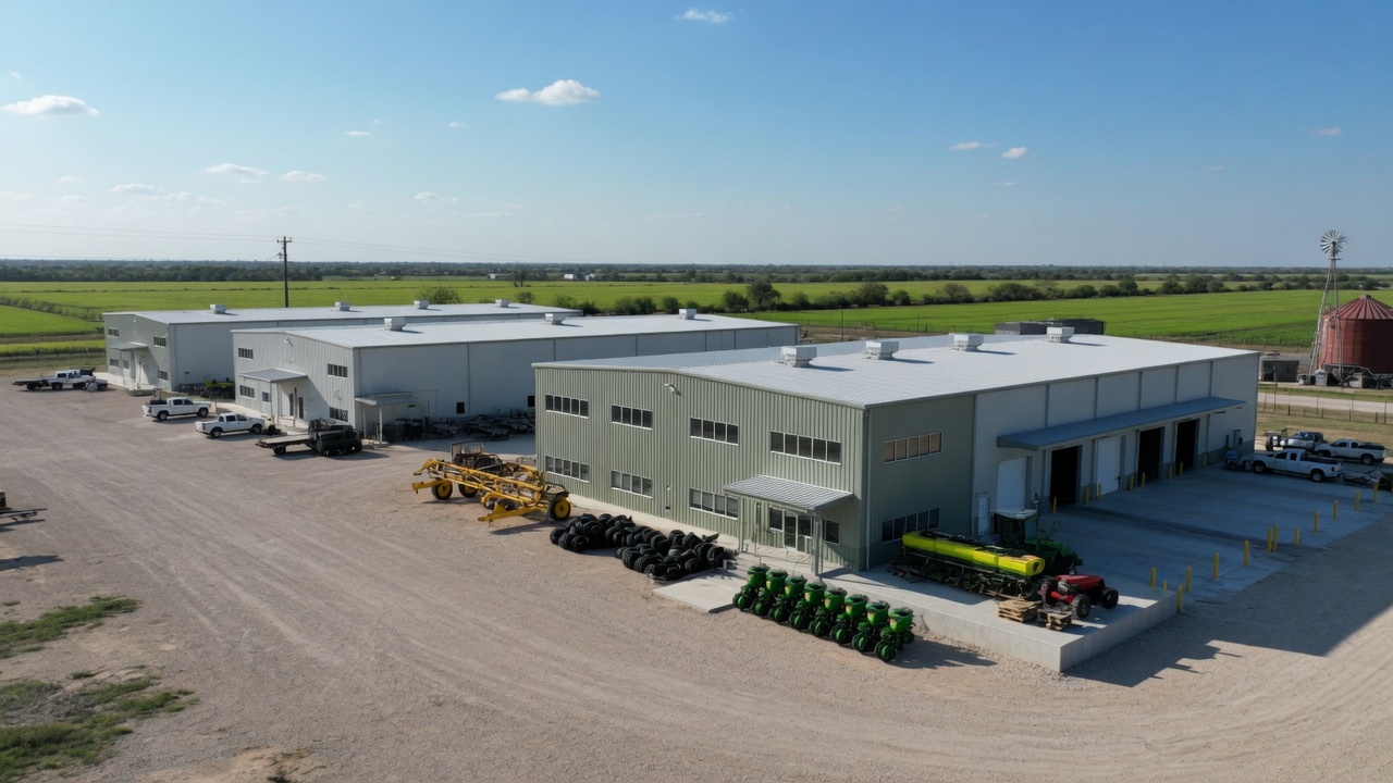 A modern agricultural equipment manufacturing facility with metal buildings and loading docks in rural Texas