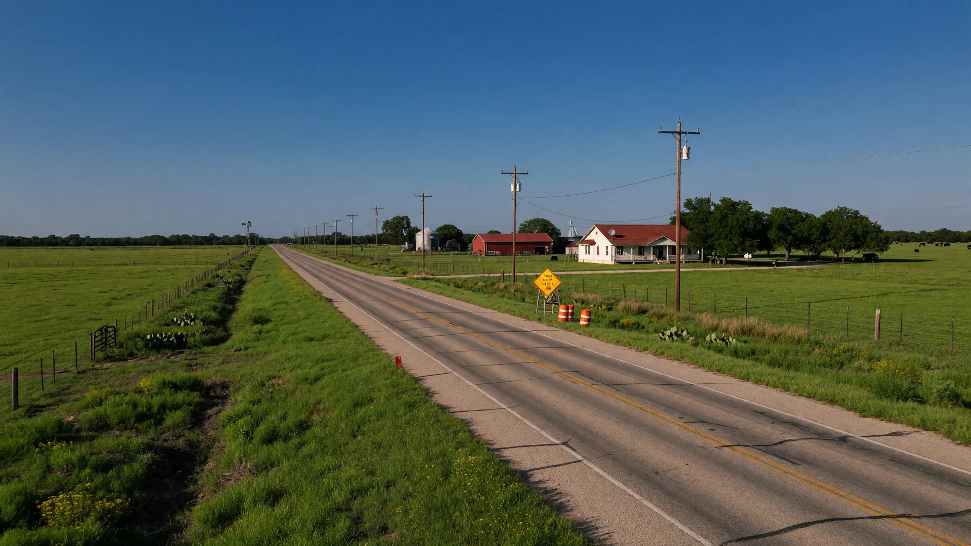 A rural two-lane Texas highway corridor stretching through green pastureland under a clear summer sky, representing the US 82 West corridor planned for widening
