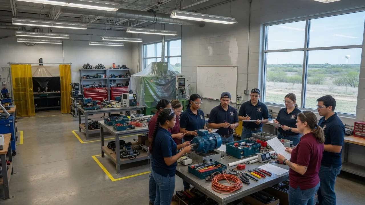 Interior of a community college workforce training center with industrial equipment and training stations