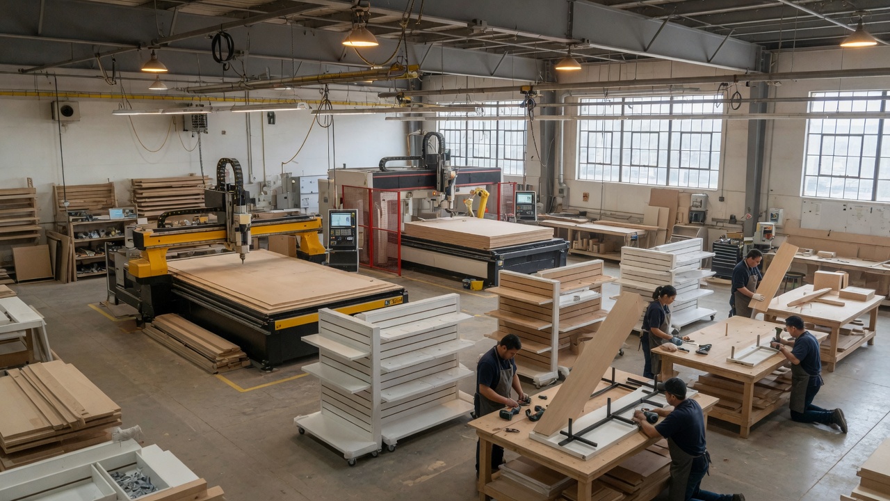 Interior of a modern manufacturing facility with assembly lines and workers