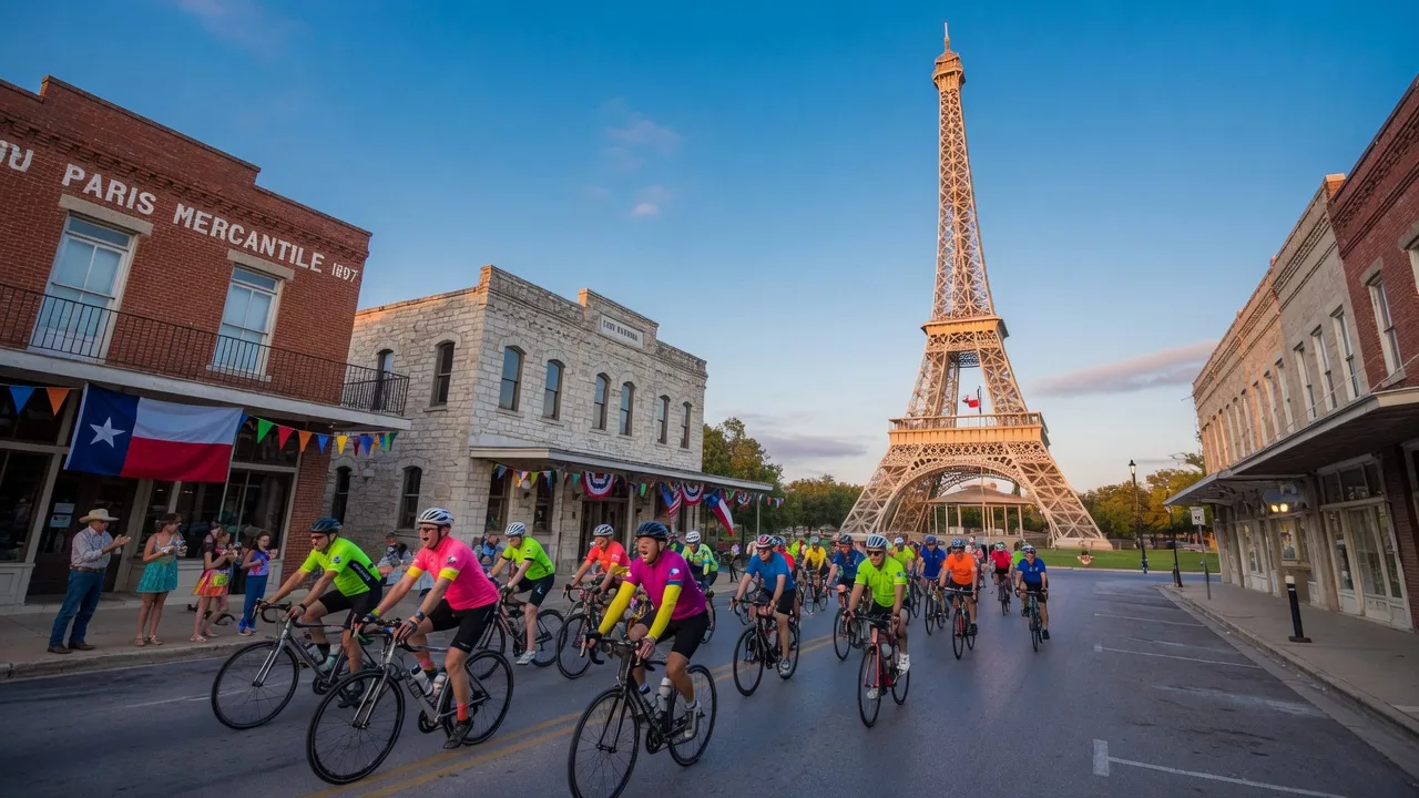 Large group of cyclists riding through a small-town Texas downtown with a replica Eiffel Tower visible in the background during early morning golden light