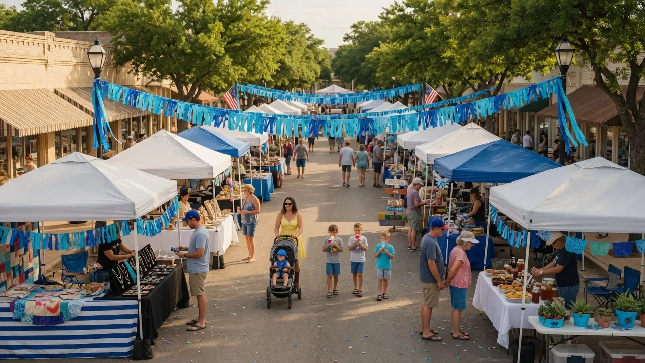 Vibrant outdoor community festival in a small Texas town with white vendor tents, colorful blue decorations, and families browsing booths on a sunny afternoon