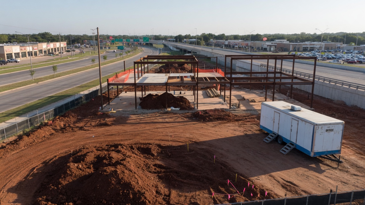 A new commercial headquarters building under construction with framing visible on a Texas boulevard
