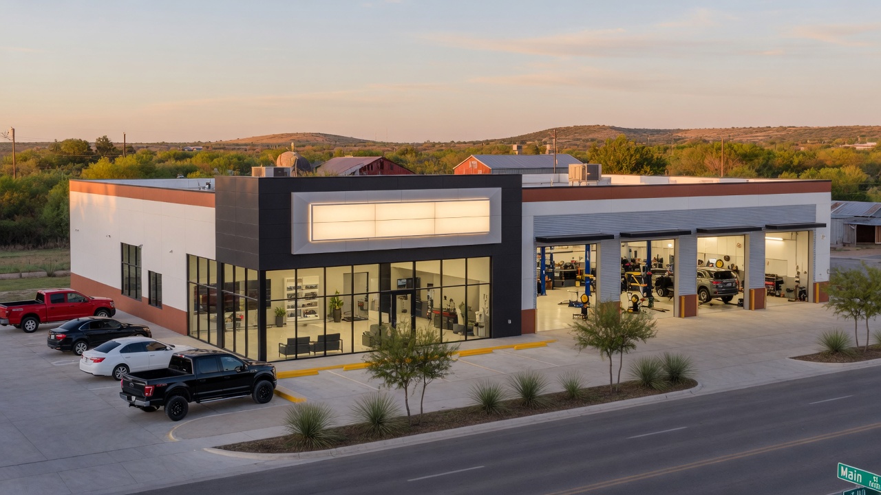 A modern automotive brake service center with clean glass storefront on a commercial boulevard in a Texas town
