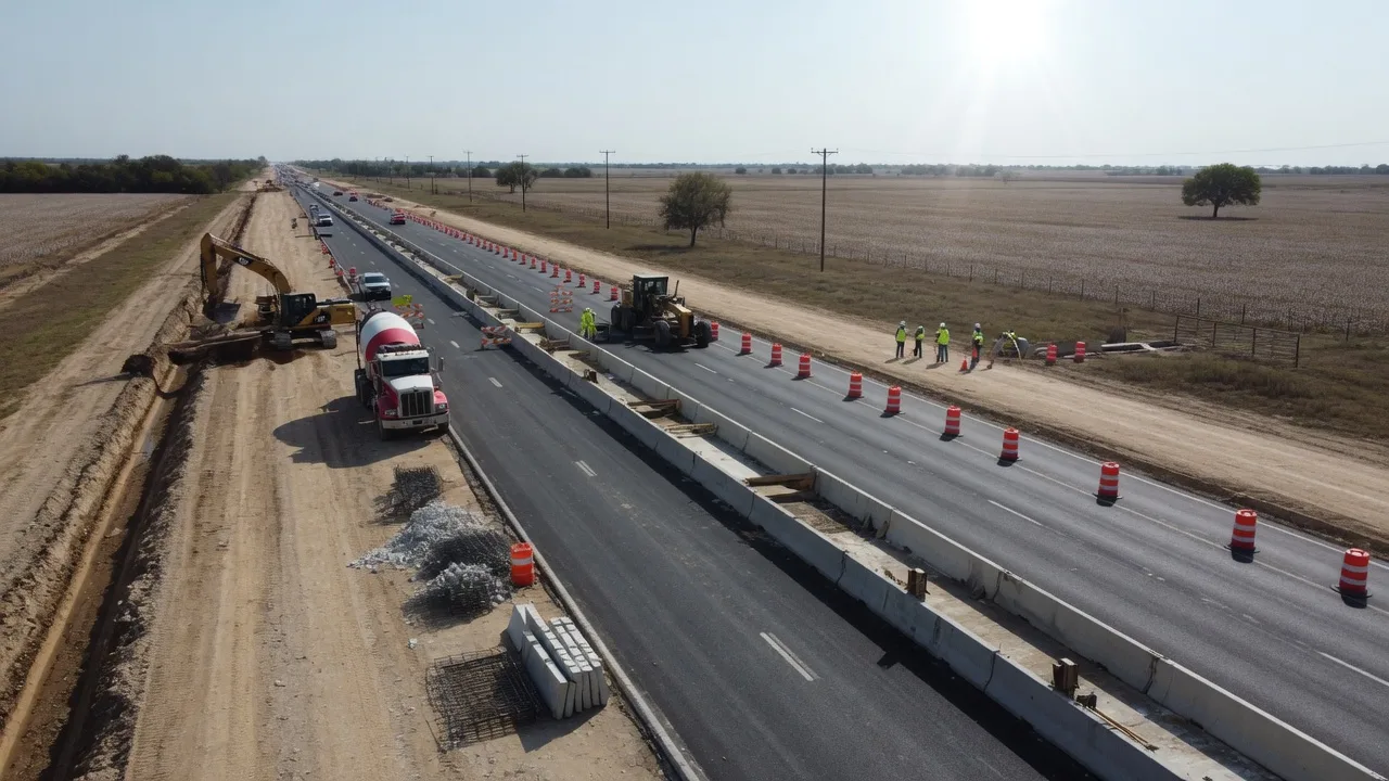 A major highway widening construction project in rural North Texas with equipment and lane expansion work underway