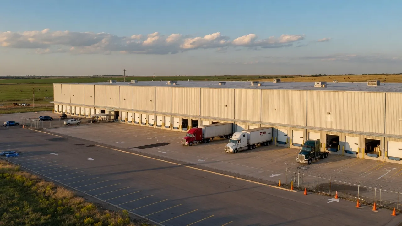 A large modern manufacturing facility in the Texas countryside with dock doors, truck apron, and open prairie beyond