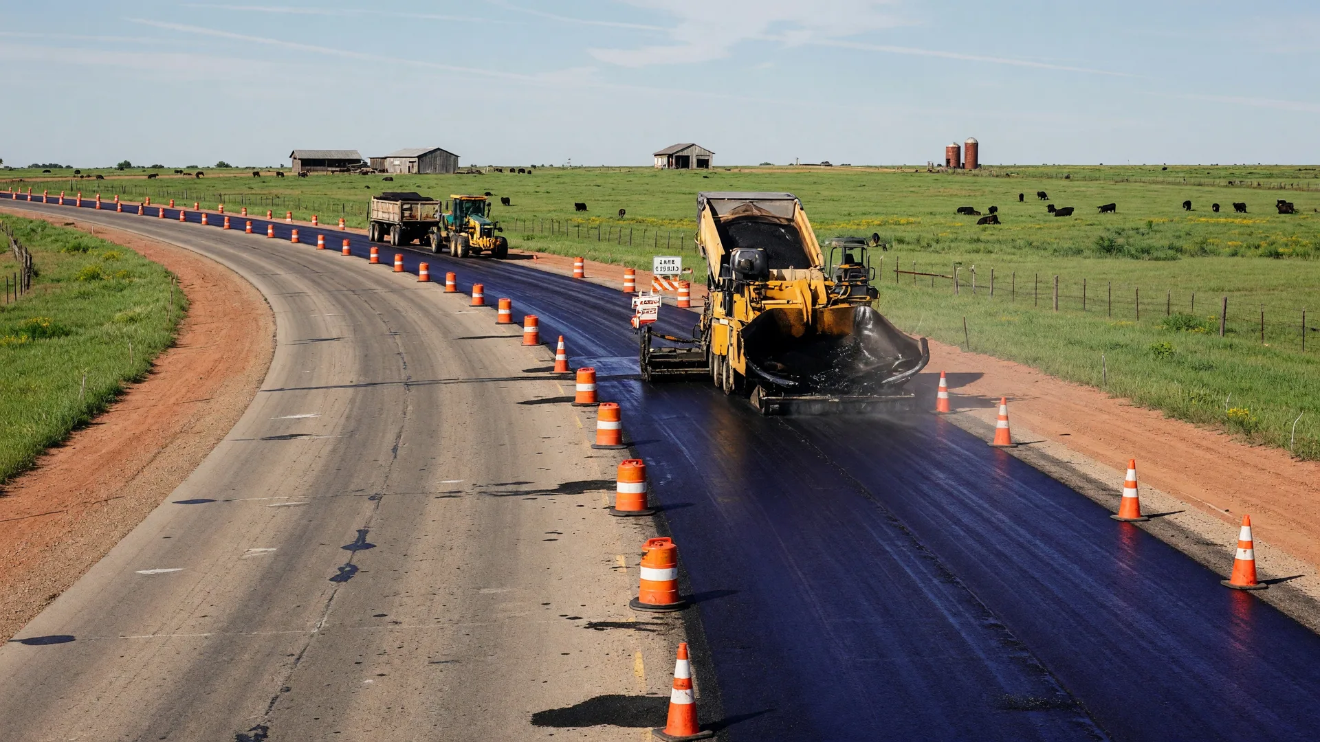 Fresh black asphalt being laid on a rural Texas state highway with paving equipment and orange construction cones under a clear sky