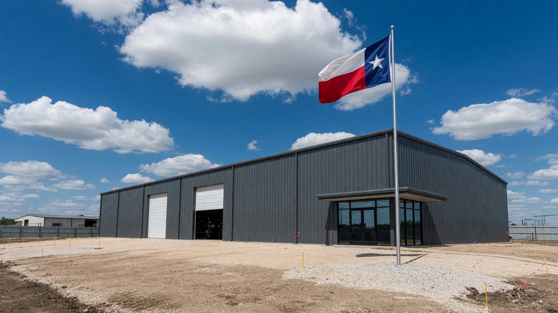 Modern industrial manufacturing facility in a Texas business park with roll-up doors and Texas flag