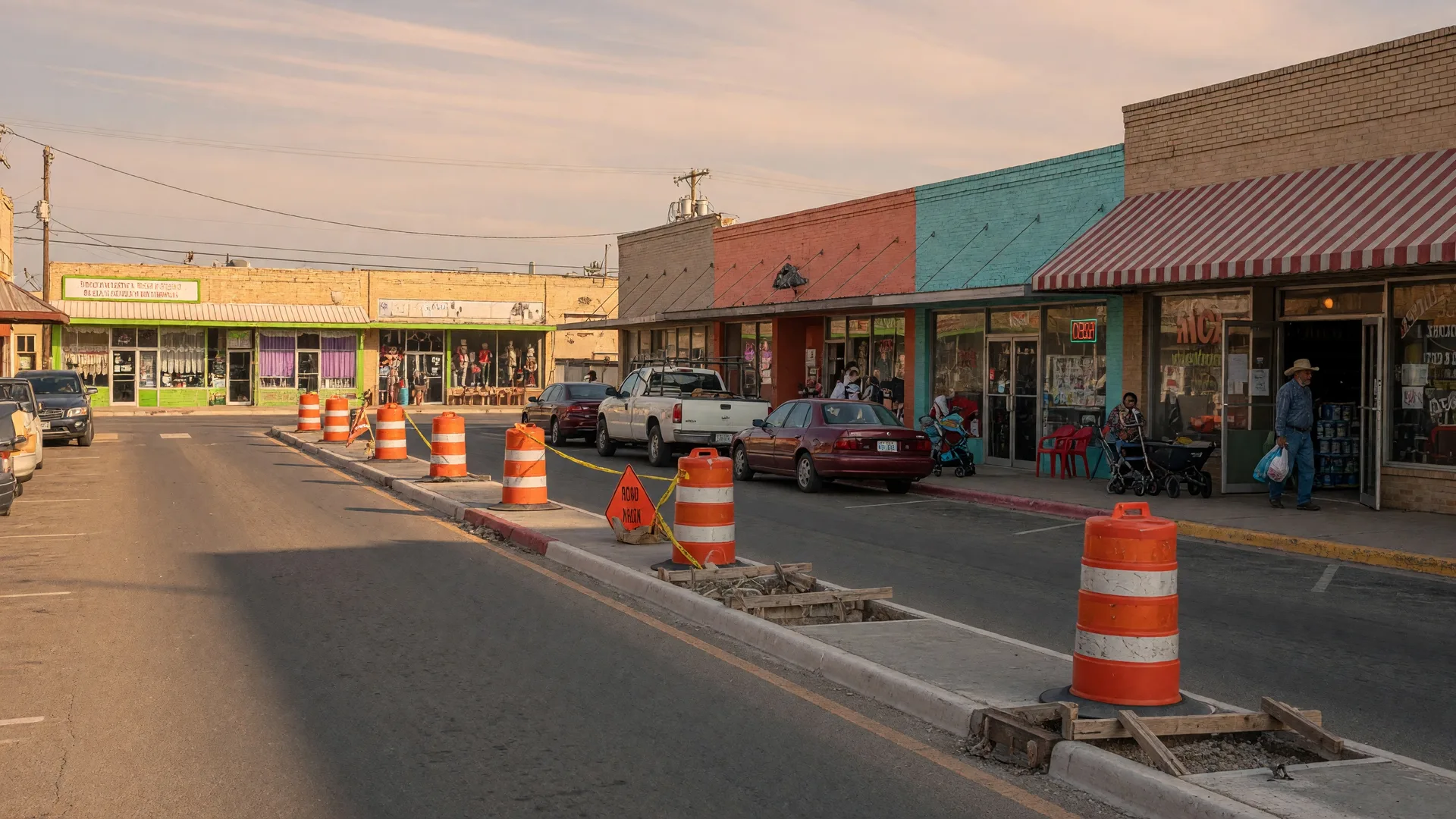 A commercial street in a small Texas town with retail storefronts and construction work underway on a raised median, representing the US 82 Lamar Avenue safety project